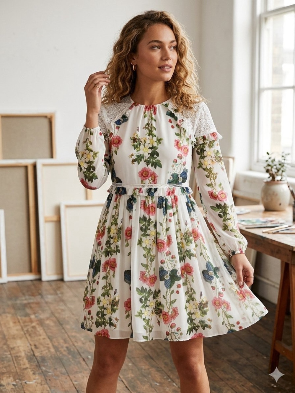Ted Baker Maryam Wild Strawberry Floral Frill Dress Lace Trim Size 2 US 6 White